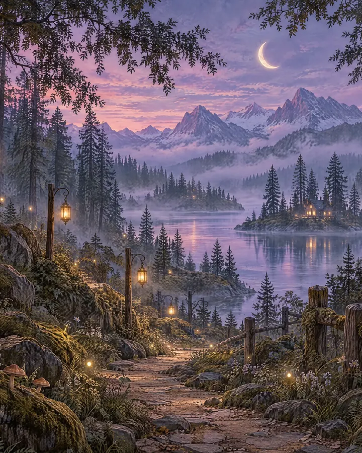 Un sentiero nel bosco con le lanterne accese, verso il lago