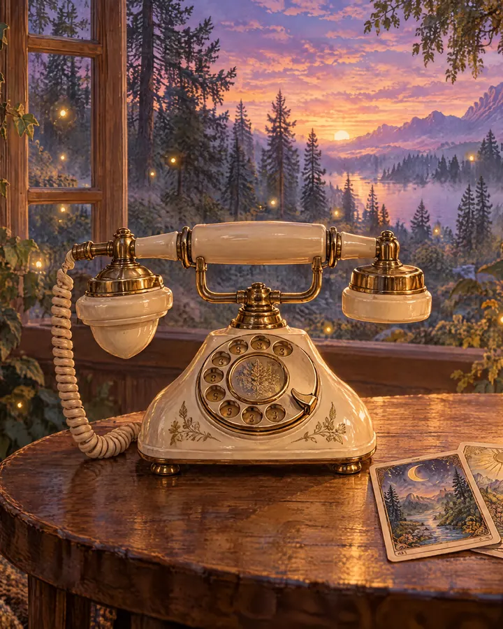 Un telefono d'epoca sul tavolo accanto alle carte, con una lanterna accesa